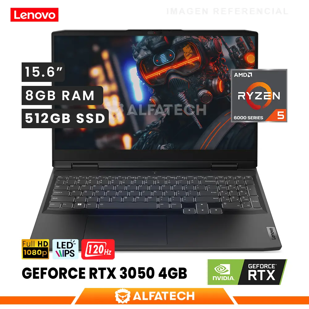 LAPTOP LENOVO IDEAPAD GAMING 3 AMD RYZEN 5 6600H 8GB RAM 512GB SSD RTX 3050 4GB 15.6 FHD IPS 120HZ (82SB00TDLM)